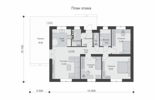 Одноэтажный дом с тремя спальнями и террасой